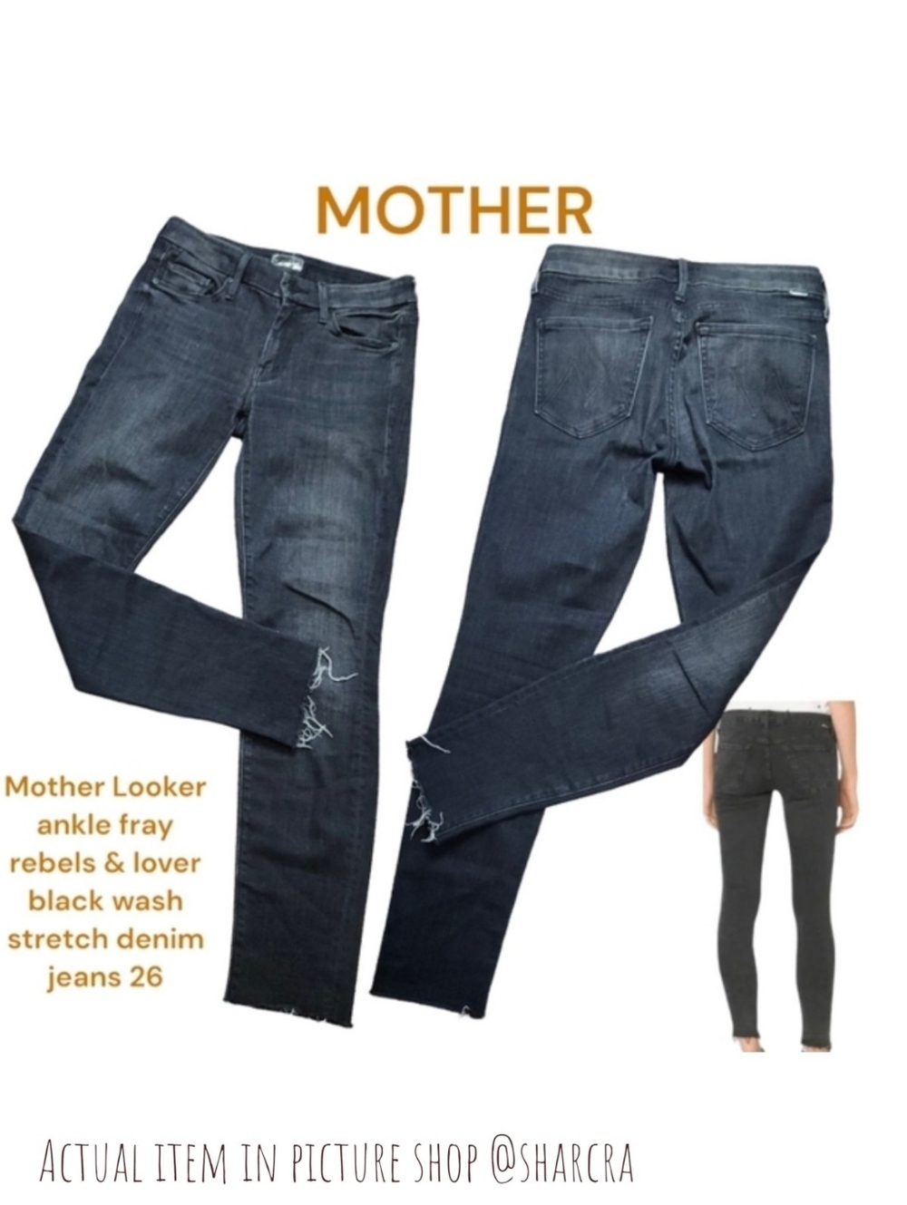 Mother Women Looker ankle fray rebels & lover black wash stretch denim jeans 26